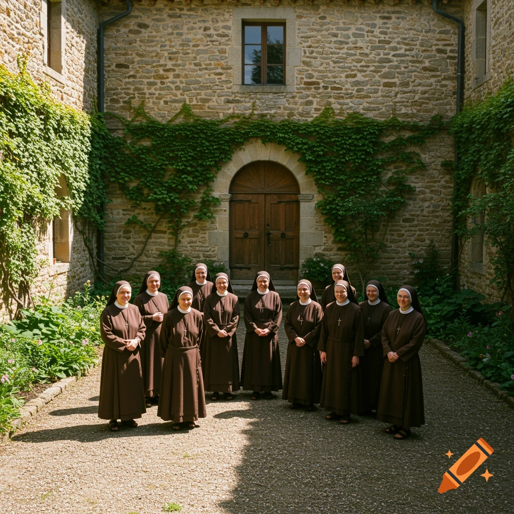 Eleven nuns in brown habits stand in a sunlit stone courtyard with ivy-covered walls.