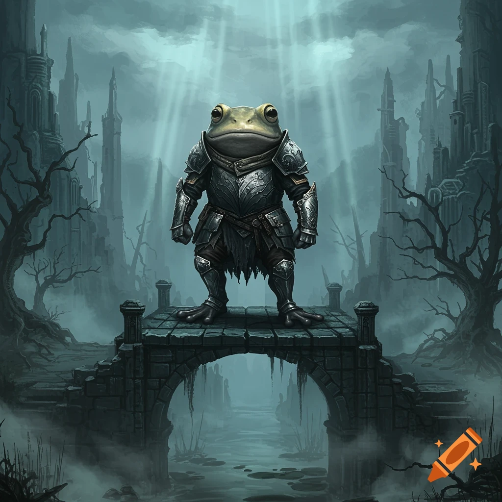 A formidable frog warrior in dark, detailed plate armor stands on a stone bridge in a misty, ruined dark fantasy landscape under light rays.