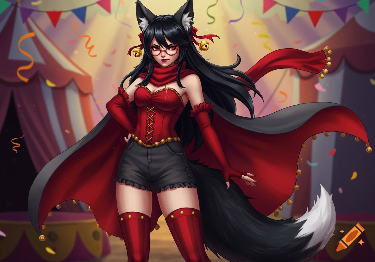 An anime-style character with black hair, fox ears, and a tail, wearing a red corset, shorts, and a cape, standing in a circus.