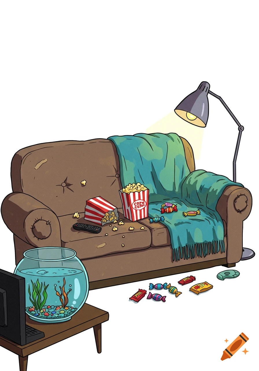A cartoon living room scene with a brown couch, blue blanket, spilled popcorn, candy, a TV remote, a fishbowl, and a lamp.