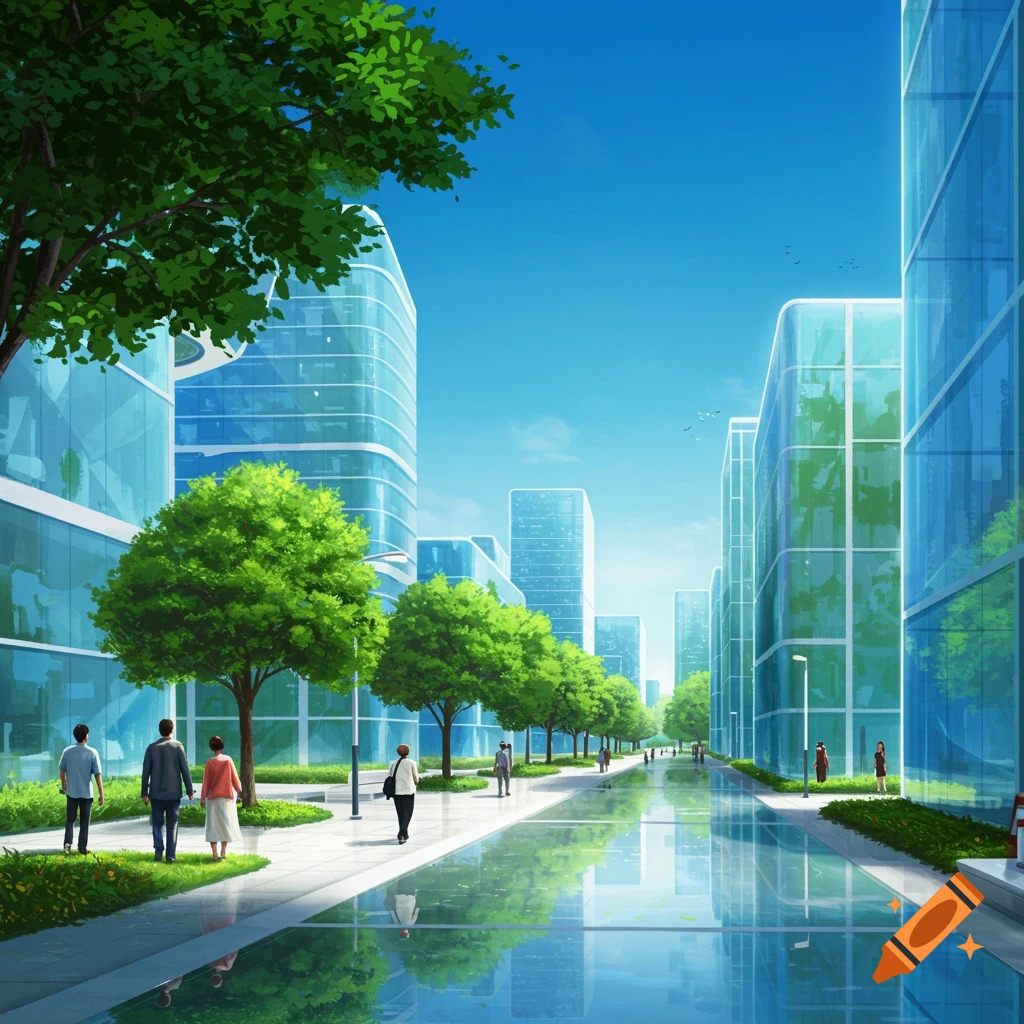 A bright, futuristic cityscape with reflective glass buildings, lush green trees, and pedestrians walking along a path with water reflections.
