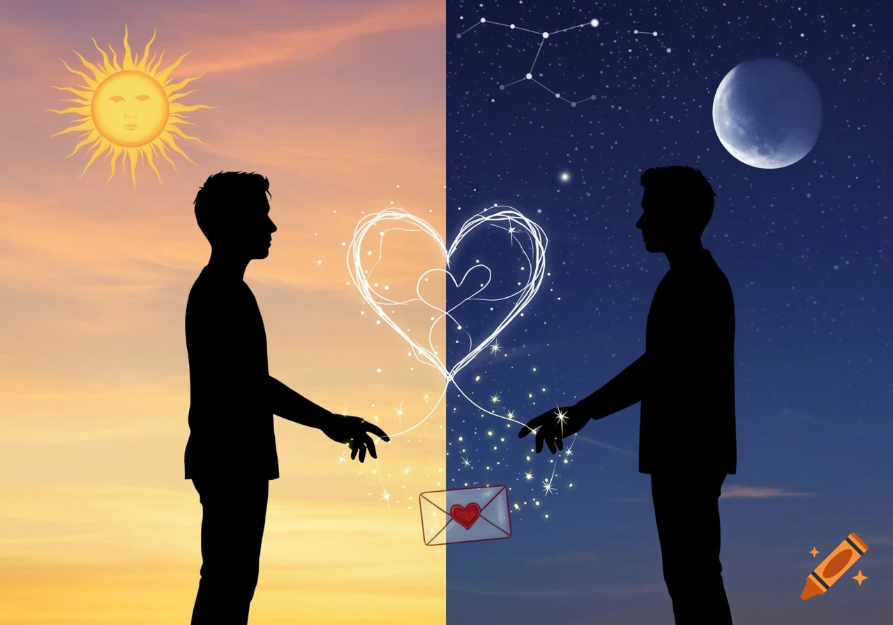 Two silhouettes reach across a split day and night sky, connected by a glowing heart, stars, and an envelope with a heart seal.