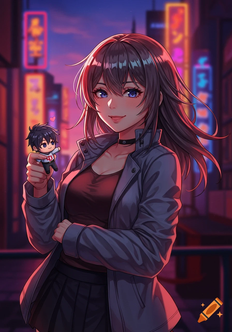 An anime girl with long brown hair in a jacket holds a small chibi doll of a boy, standing in a neon-lit city street at dusk.