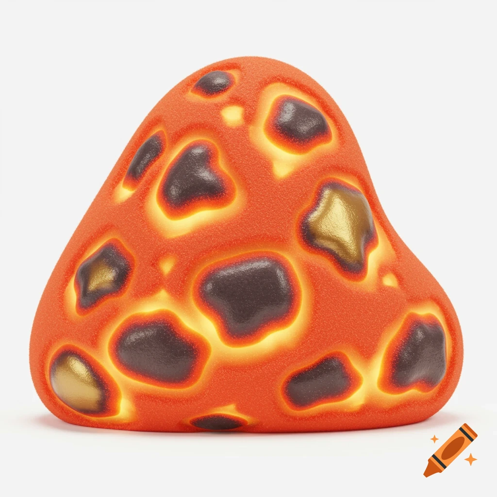 A glowing orange and black lava-like blob with a textured surface, rendered on a white background.