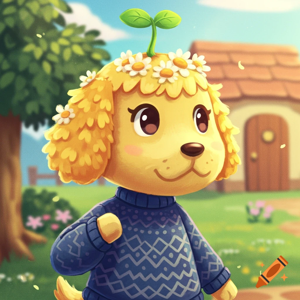 A cute yellow dog Animal Crossing character wearing a blue sweater and a daisy crown with a sprout on its head, in a sunny outdoor setting.