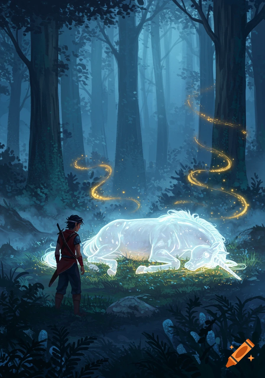 A young person with a sword observes a glowing, ethereal unicorn lying in a mystical forest with golden swirling lights.