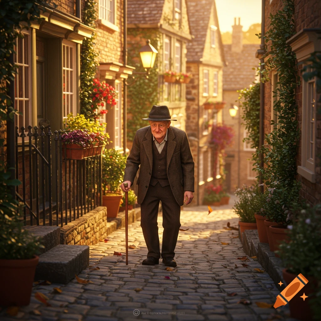 An old man with a hat and walking stick walks down a cobblestone street lined with brick buildings and flowers in a quaint village.