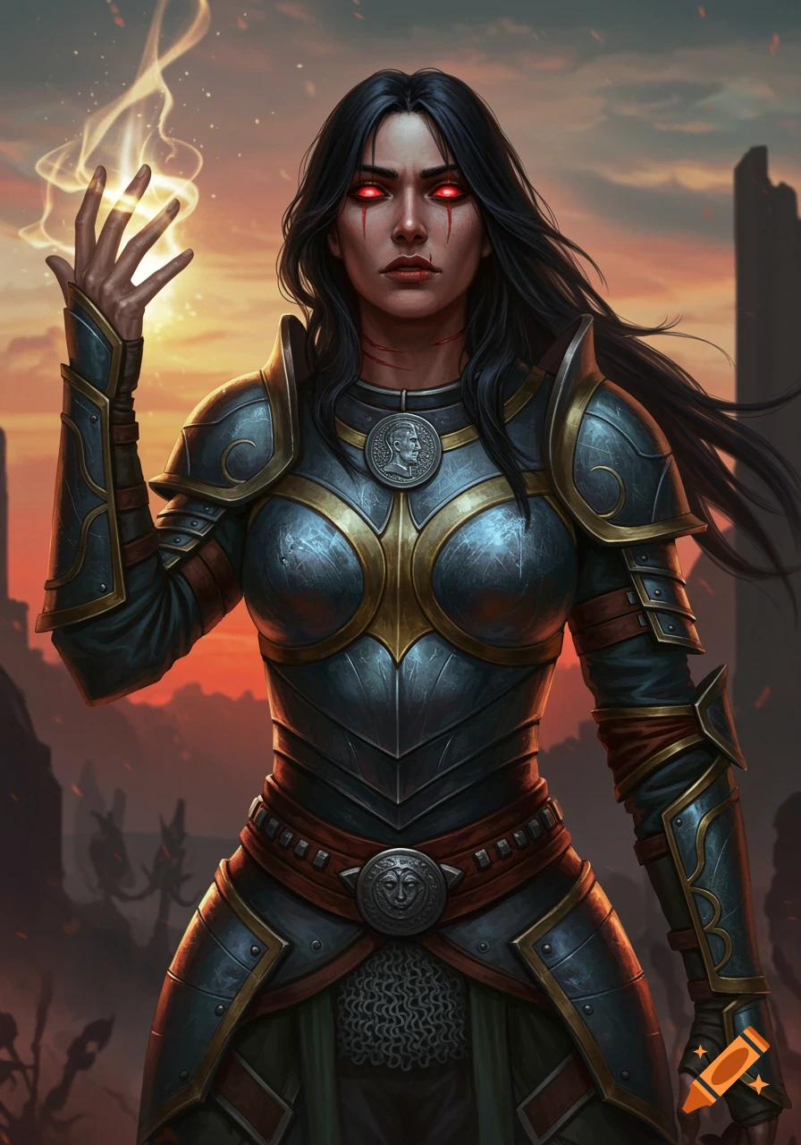 A female cleric with black hair, glowing red eyes, and scars, wearing ornate plate armor with medallions, casts a spell with glowing light from her raised hand at sunset.