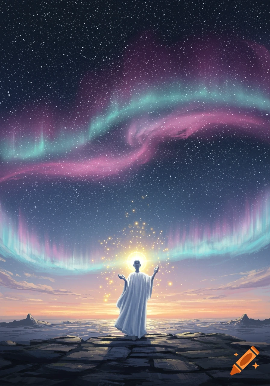A robed figure stands on rocks, arms raised, facing a vibrant night sky with pink and teal aurora borealis and stars. Light emanates from their head.