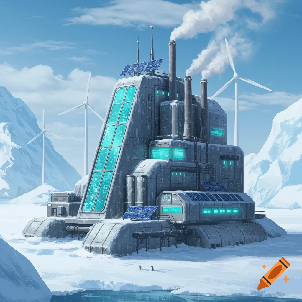 A futuristic factory with solar panels and smoking chimneys in a snowy Antarctic landscape with wind turbines and penguins.