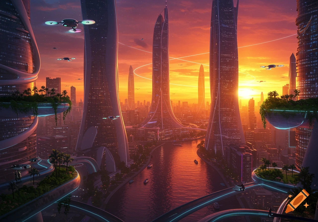 A vibrant, futuristic cityscape at sundown with towering, organic-shaped skyscrapers, a river, and flying vehicles.