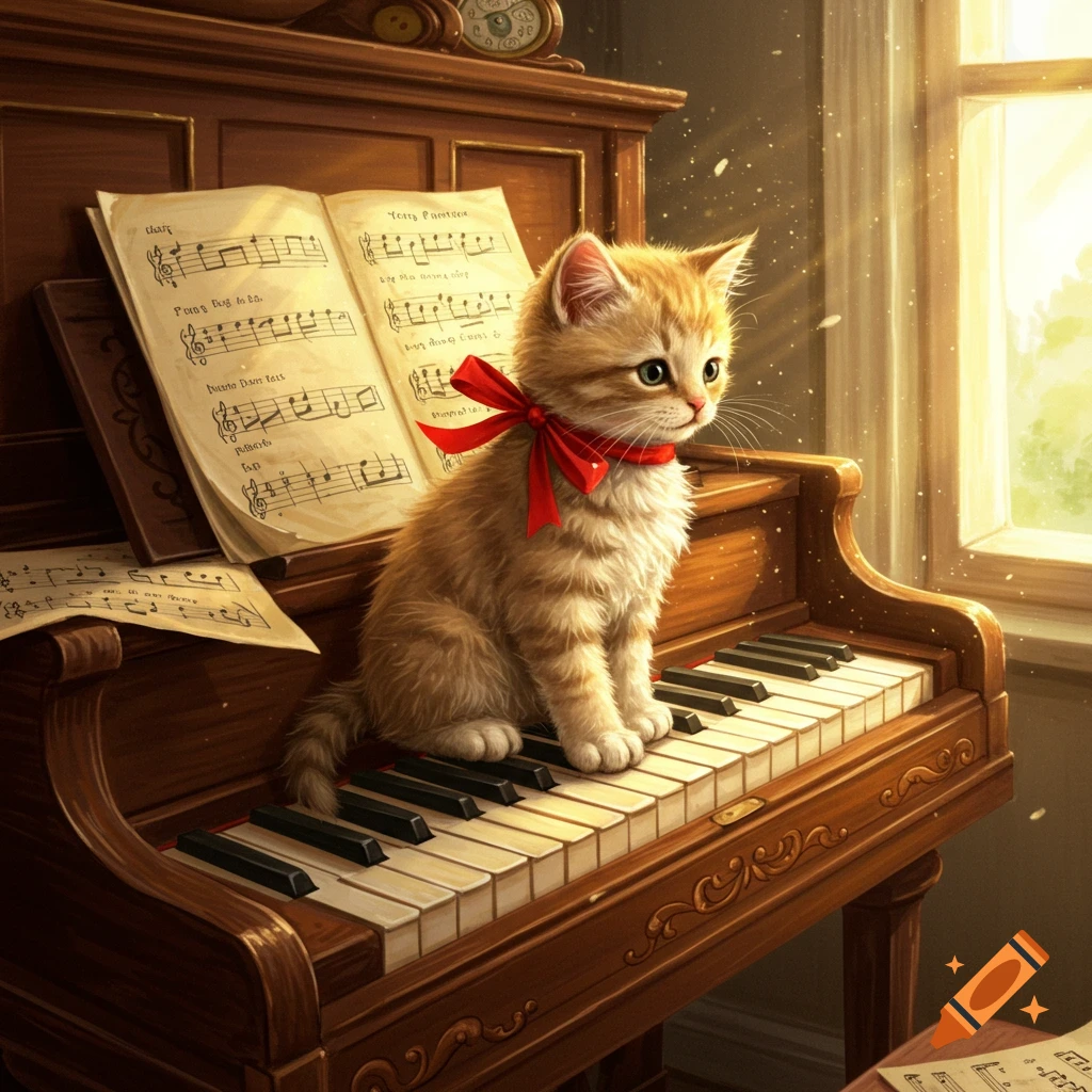 A cute ginger kitten wearing a red bow sits on the keys of a grand piano with sheet music, bathed in sunlight from a window.