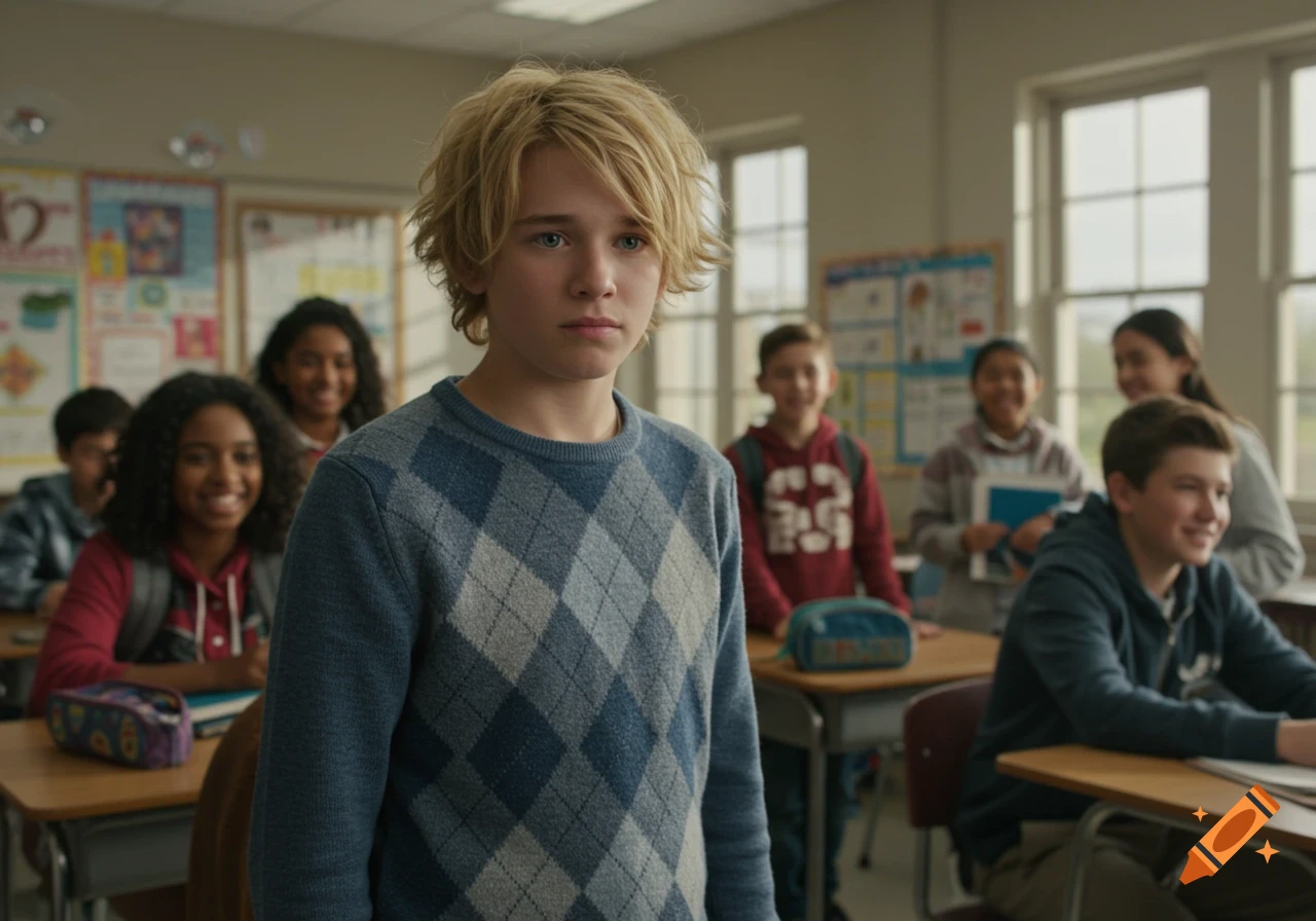A blond boy in an argyle sweater stands in a classroom, looking forward, with other students blurry in the background.