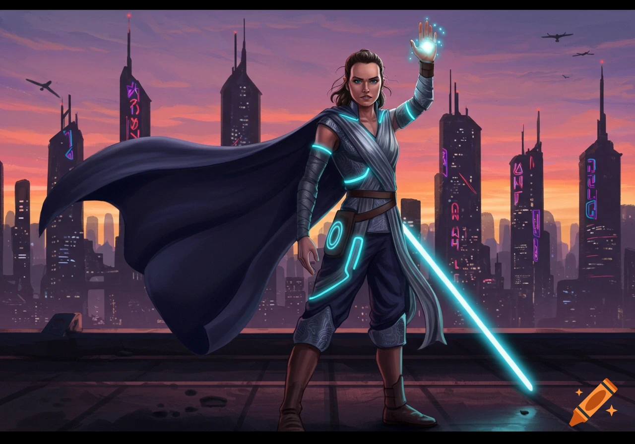Rey, from Star Wars, stands on a rooftop in a futuristic city at sunset, wielding a blue lightsaber and raising a glowing hand, wearing a dark cape and light blue glowing armor.