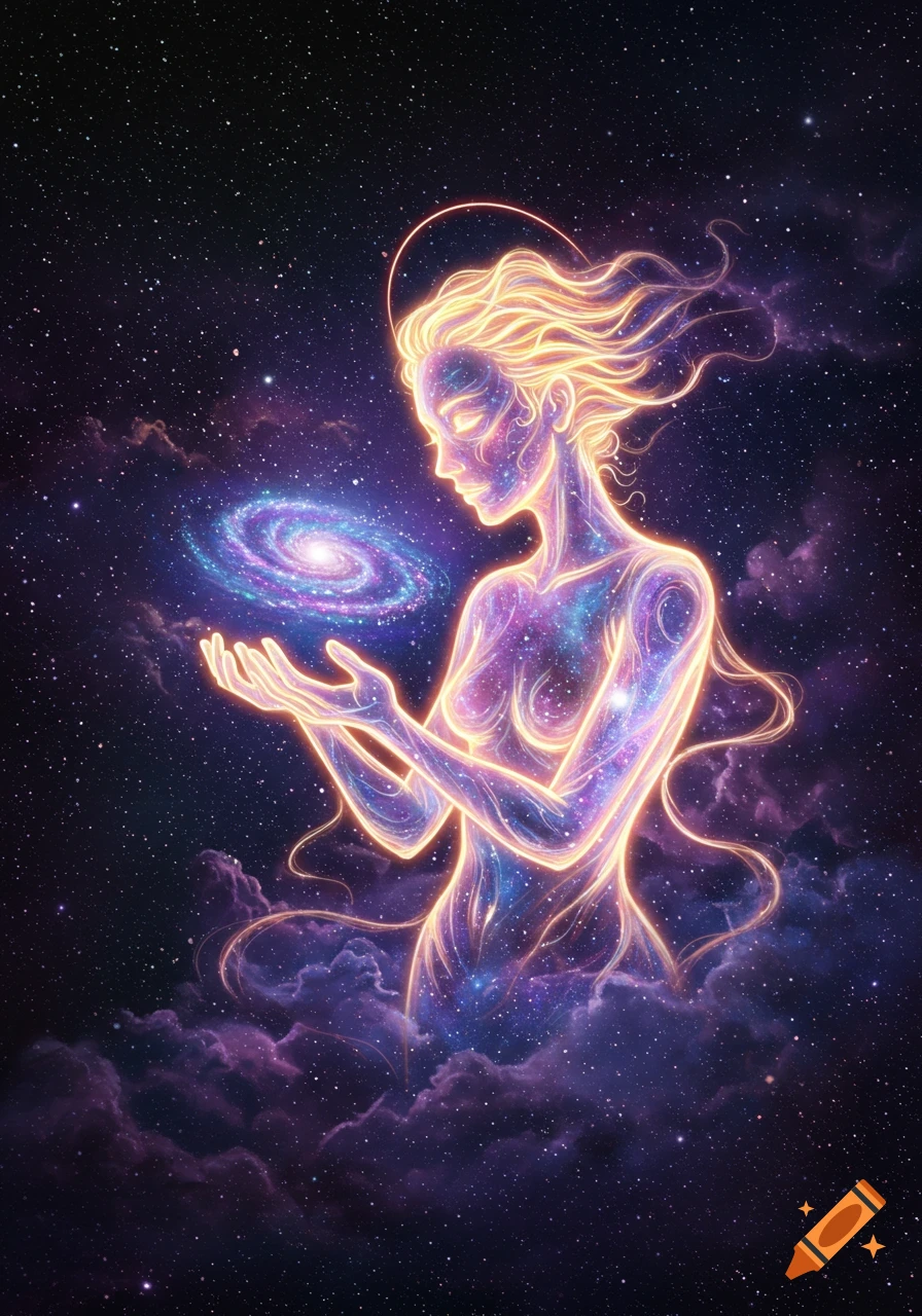 A luminous female figure, glowing with cosmic energy, holds a swirling galaxy in her hands against a starry background.