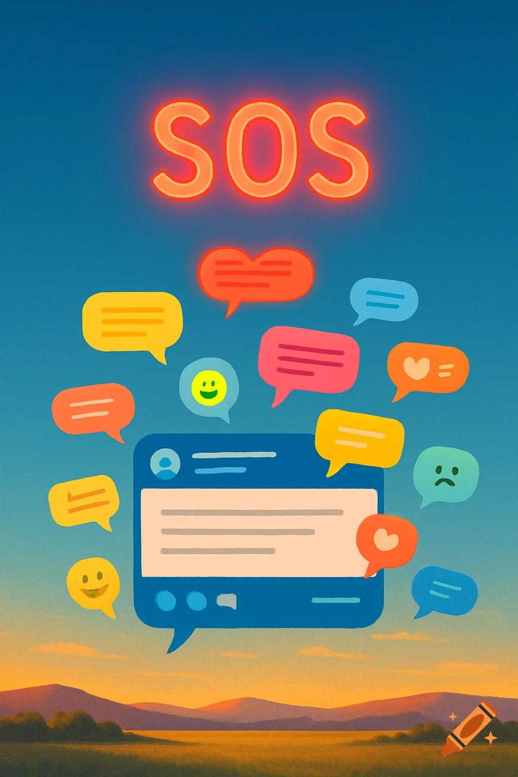Stylized illustration of orange 'SOS' text glowing above a blue screen and colorful chat bubbles, set against a vibrant sunset landscape.