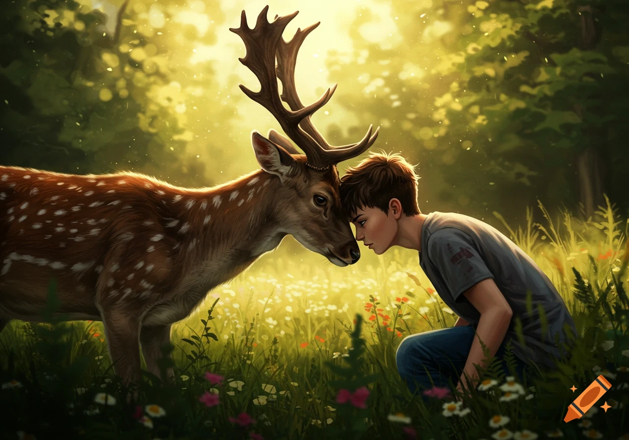 A boy kneels in a sunlit meadow, touching foreheads with a spotted deer, surrounded by wildflowers and trees, in a dreamlike, painterly style.