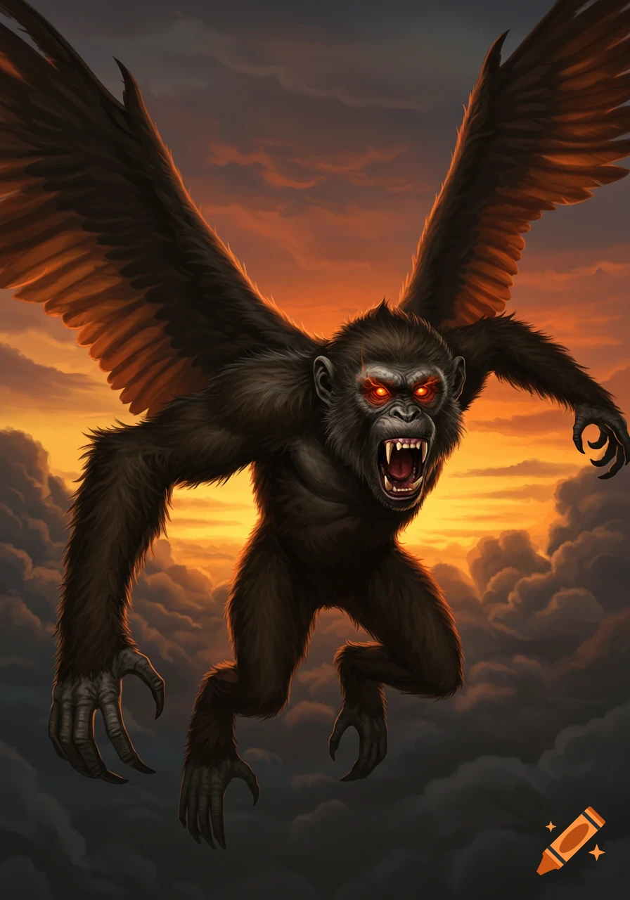 A menacing winged monkey with glowing red eyes and bared fangs flies against a dramatic orange sunset sky.