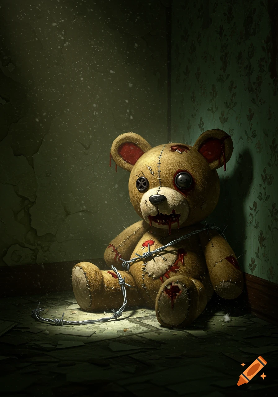 A creepy, blood-stained teddy bear with button eyes and jagged teeth, wrapped in barbed wire, sits in a dark, decaying room.