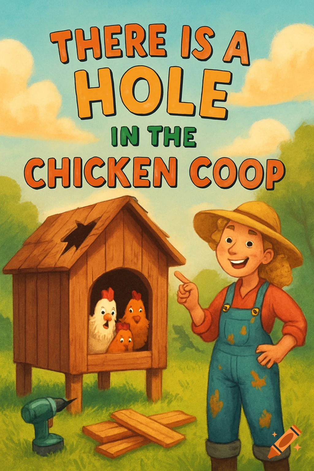 A cheerful children's book cover showing a smiling farmer pointing at a hole in a wooden chicken coop, with chickens peeking out. Text reads: THERE IS A HOLE IN THE CHICKEN COOP.