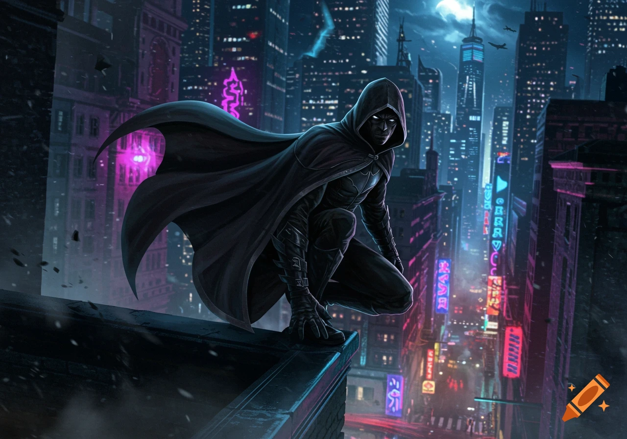 A hooded figure in a dark cloak crouches on a building rooftop overlooking a vibrant, neon-lit cyberpunk city at night.