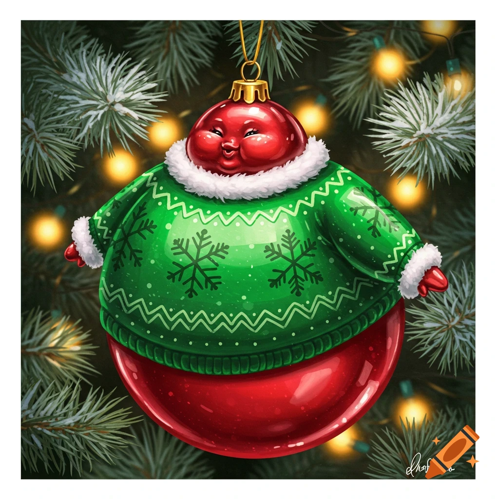 A chubby red Christmas ornament in a green snowflake sweater hangs from a festive Christmas tree.