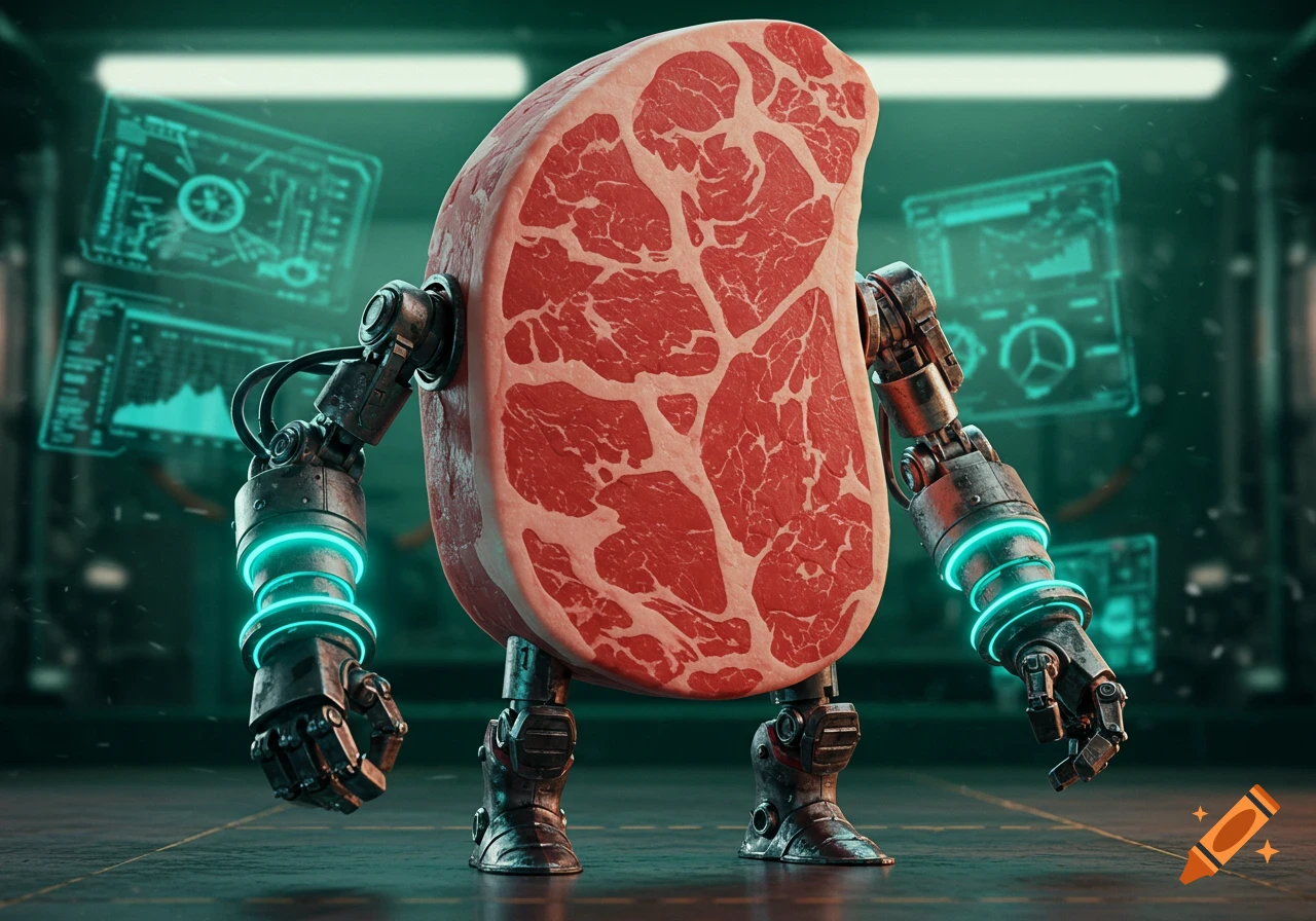 A raw steak with robotic arms and legs stands in a sci-fi laboratory setting.