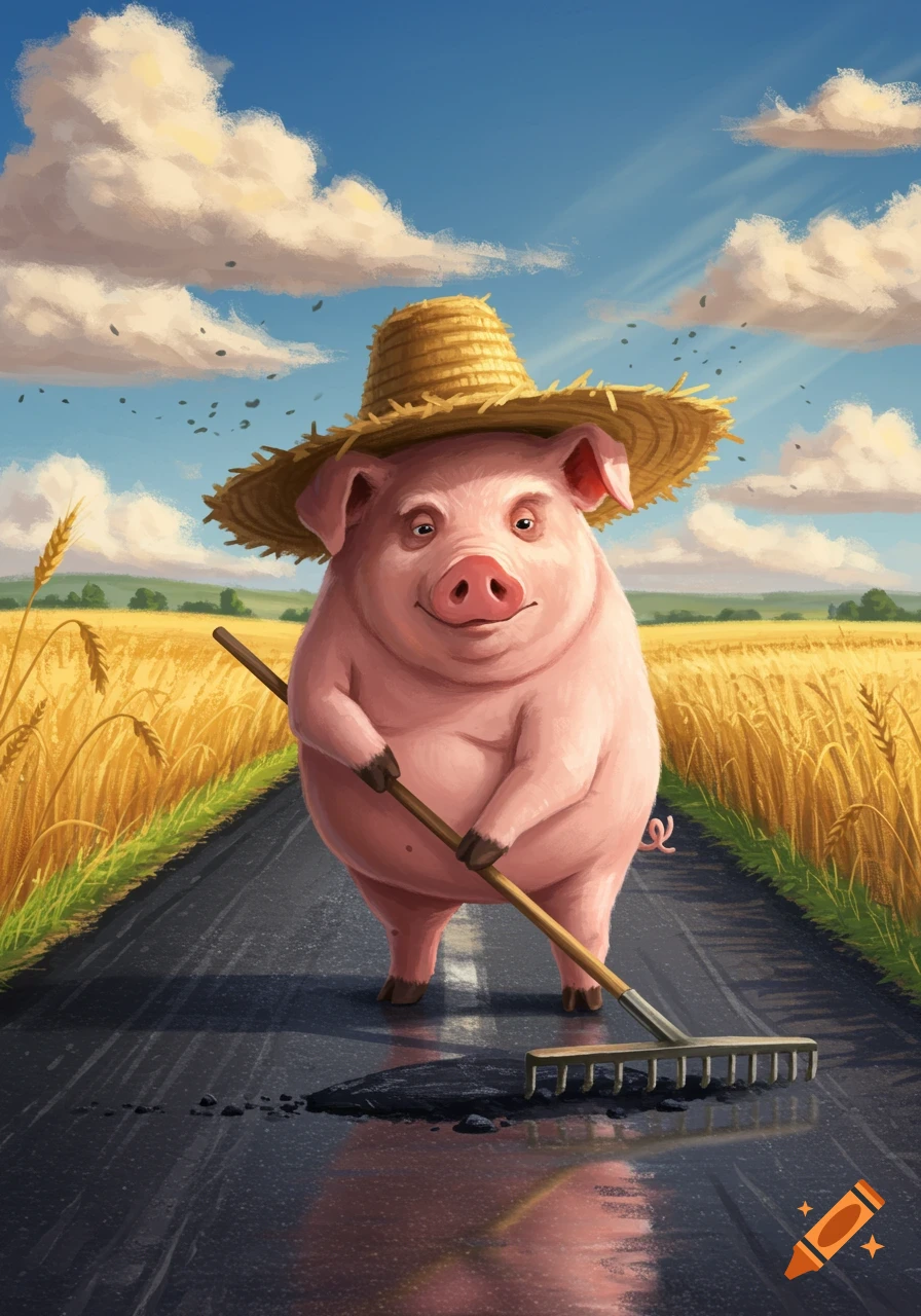 A cartoon pig wearing a straw hat stands on a road, raking asphalt in a golden wheat field under a blue sky.