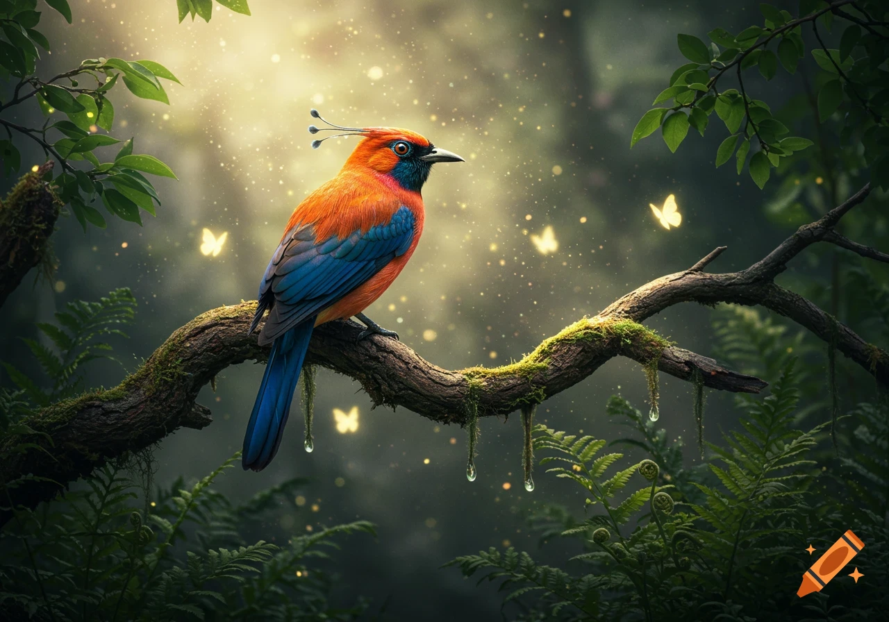 A vibrant orange and blue bird perches on a mossy branch in a sunlit forest with glowing butterflies.