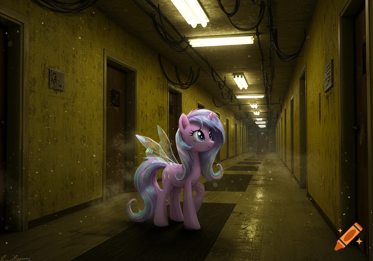 A pastel pink My Little Pony character with large iridescent wings stands in the middle of a long, dimly lit, yellow-walled hallway with fluorescent lights and wet floors, resembling the Backrooms.