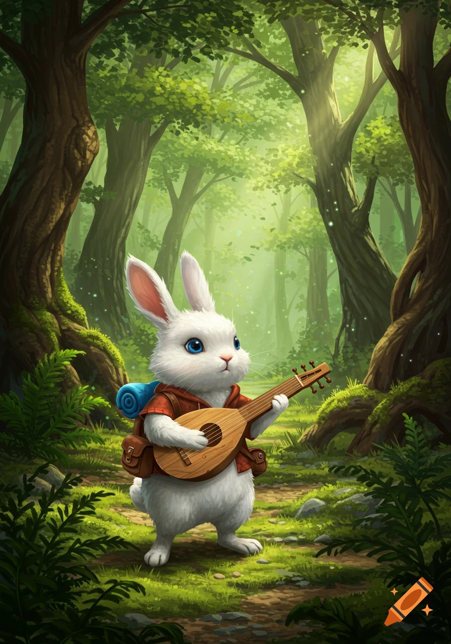 A cute white bunny with blue eyes, wearing a backpack and an orange shirt, plays a lute in a lush, sunlit forest.