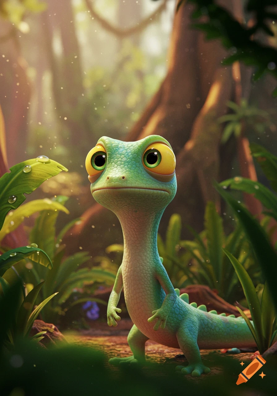 A worried-looking cartoon lizard with big eyes stands in a lush, sunlit jungle.