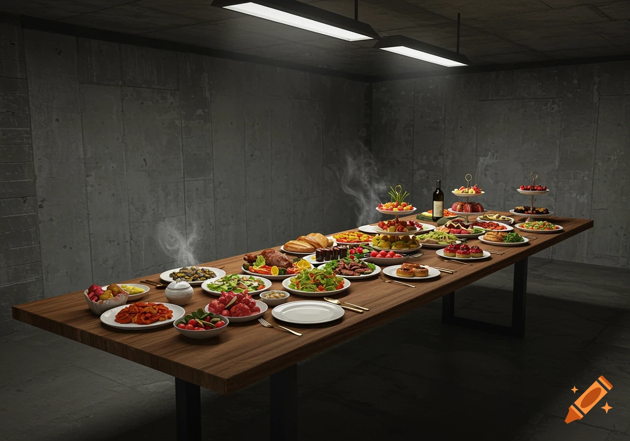 A lavish feast of various dishes spread across a long wooden table in a concrete underground bunker.