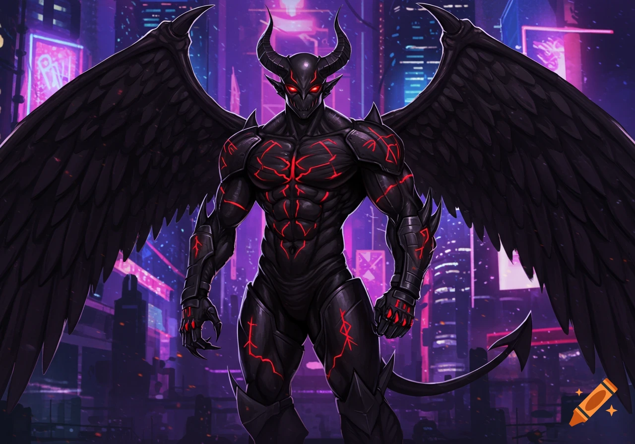 A powerful black demon with glowing red lines, large wings, and horns stands in a neon-lit cyberpunk city.