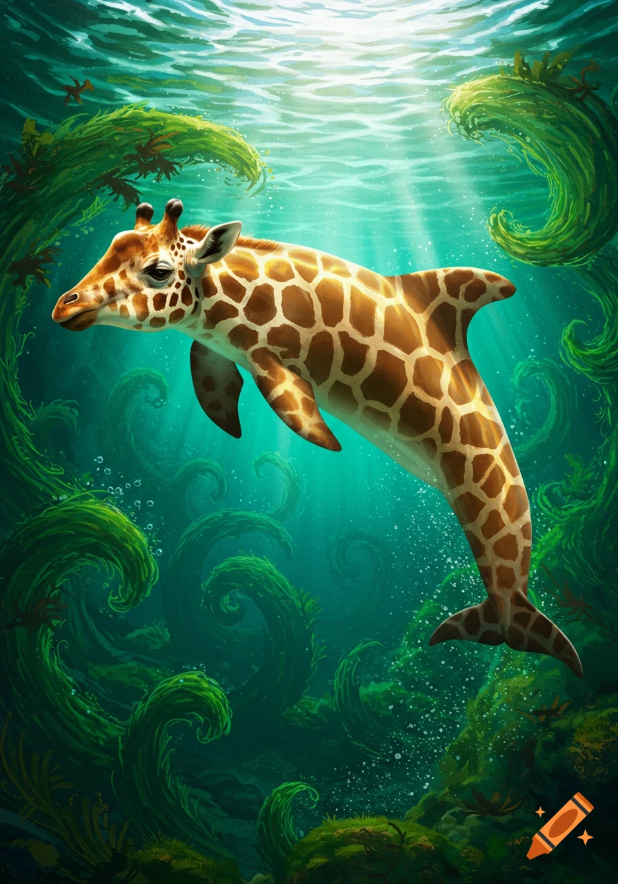 A fantastical illustration of a giraffe-patterned dolphin swimming underwater amidst vibrant green seaweed and sunlight.