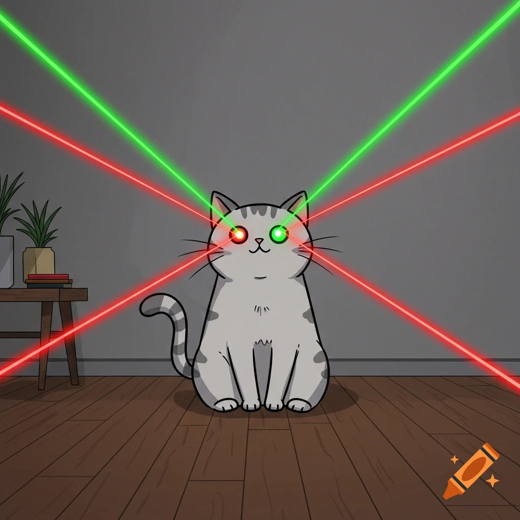 A cartoon gray tabby cat sits on a wooden floor, shooting red and green lasers from its eyes.