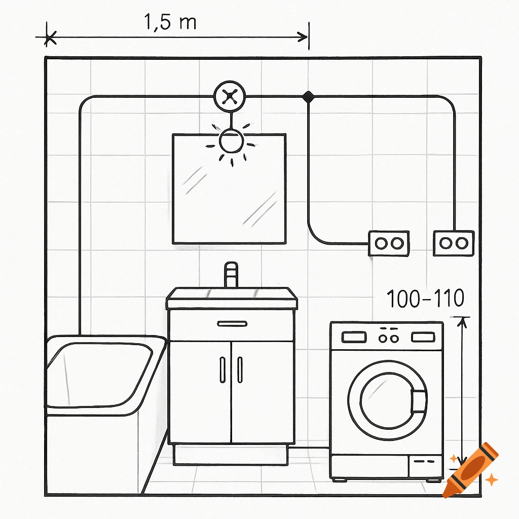 Technical drawing of a bathroom layout showing electrical wiring, a bathtub, sink, washing machine, and measurements.