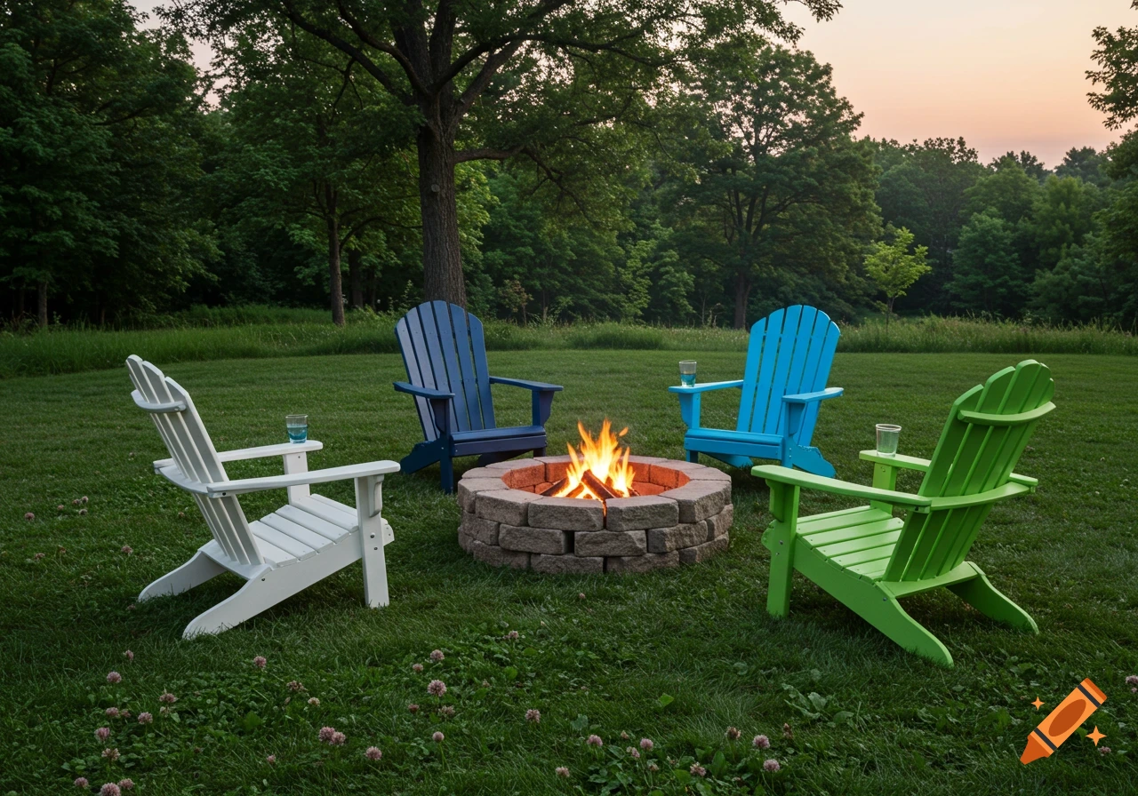Four Adirondack chairs – white, navy, light blue, and green – surround a stone fire pit in a grassy yard at dusk.