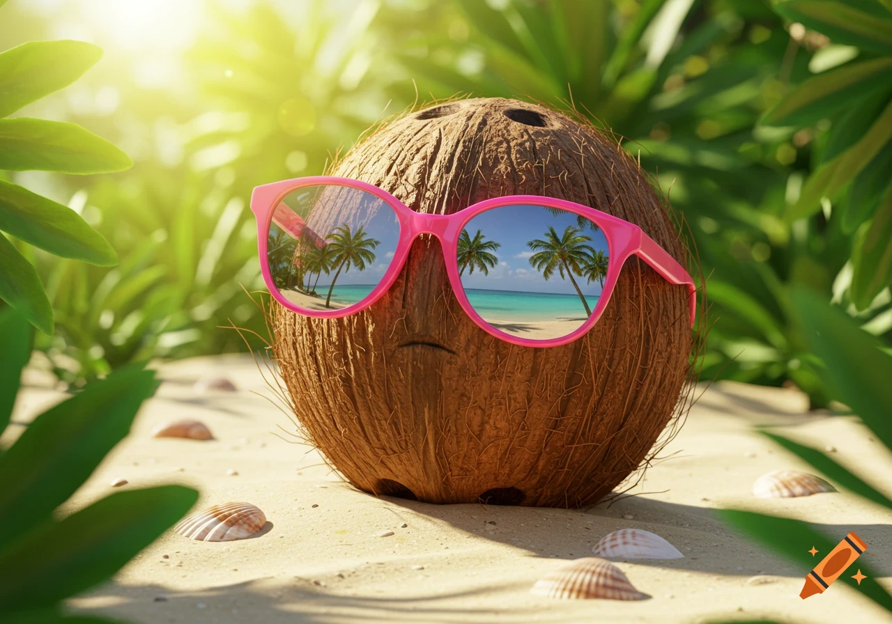 A coconut wearing pink sunglasses sits on a sandy beach with seashells, reflecting palm trees and blue ocean, under bright sunlight.