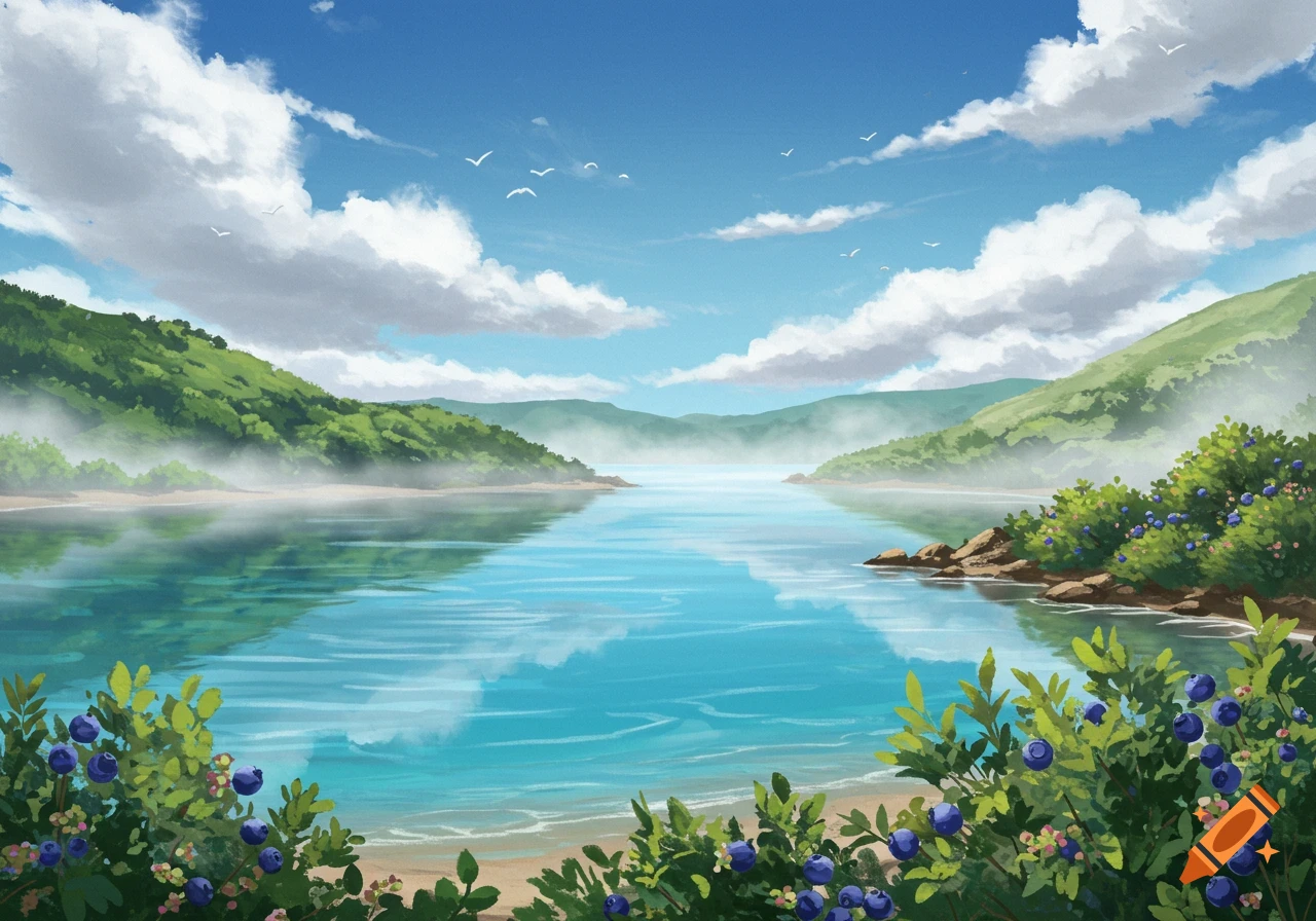 Illustrative landscape of a serene bay with blue water, green hills, sandy shores, and prominent blueberry bushes under a bright sky.
