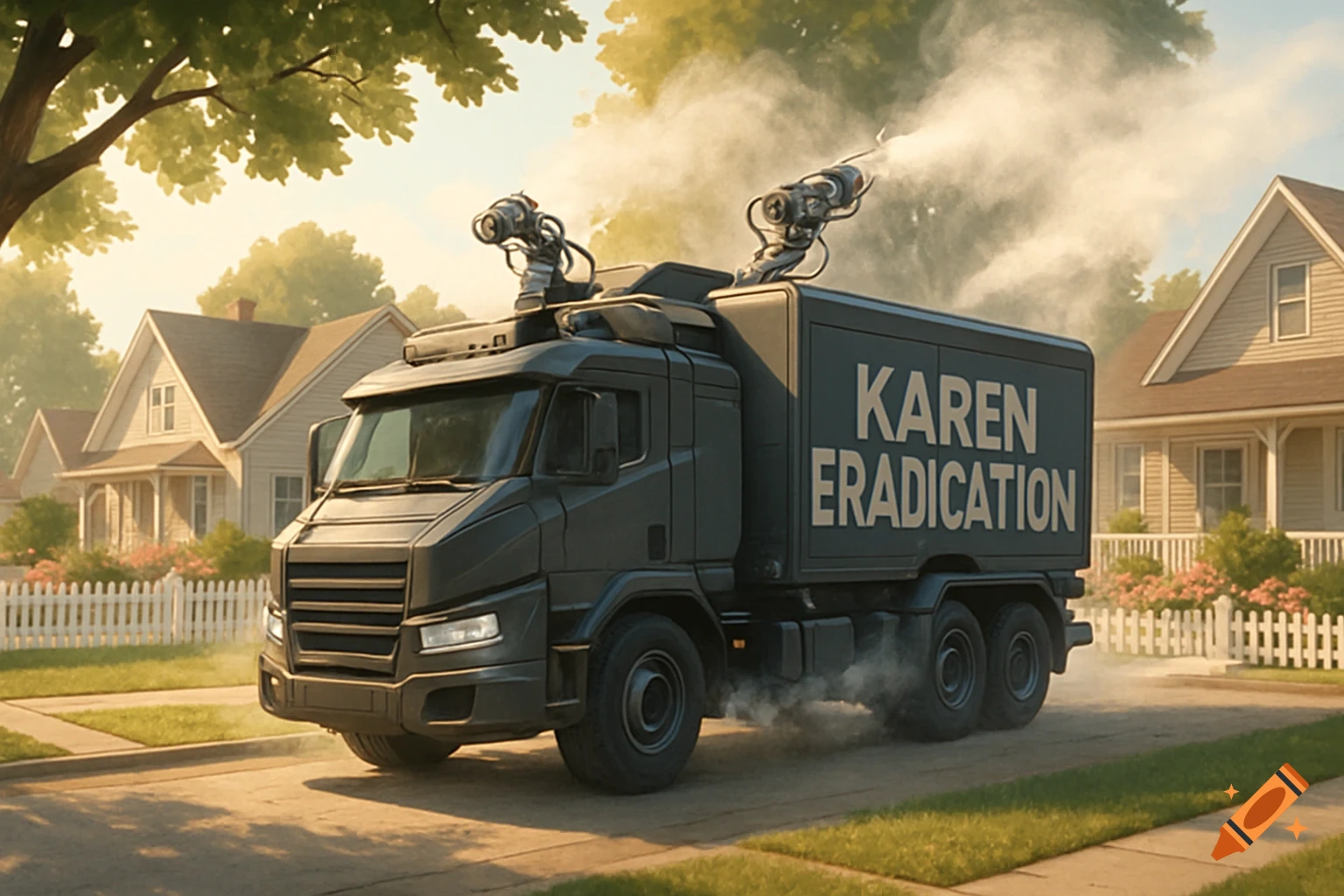 A dark grey, futuristic-looking truck labeled "KAREN ERADICATION" sprays smoke into a suburban street.