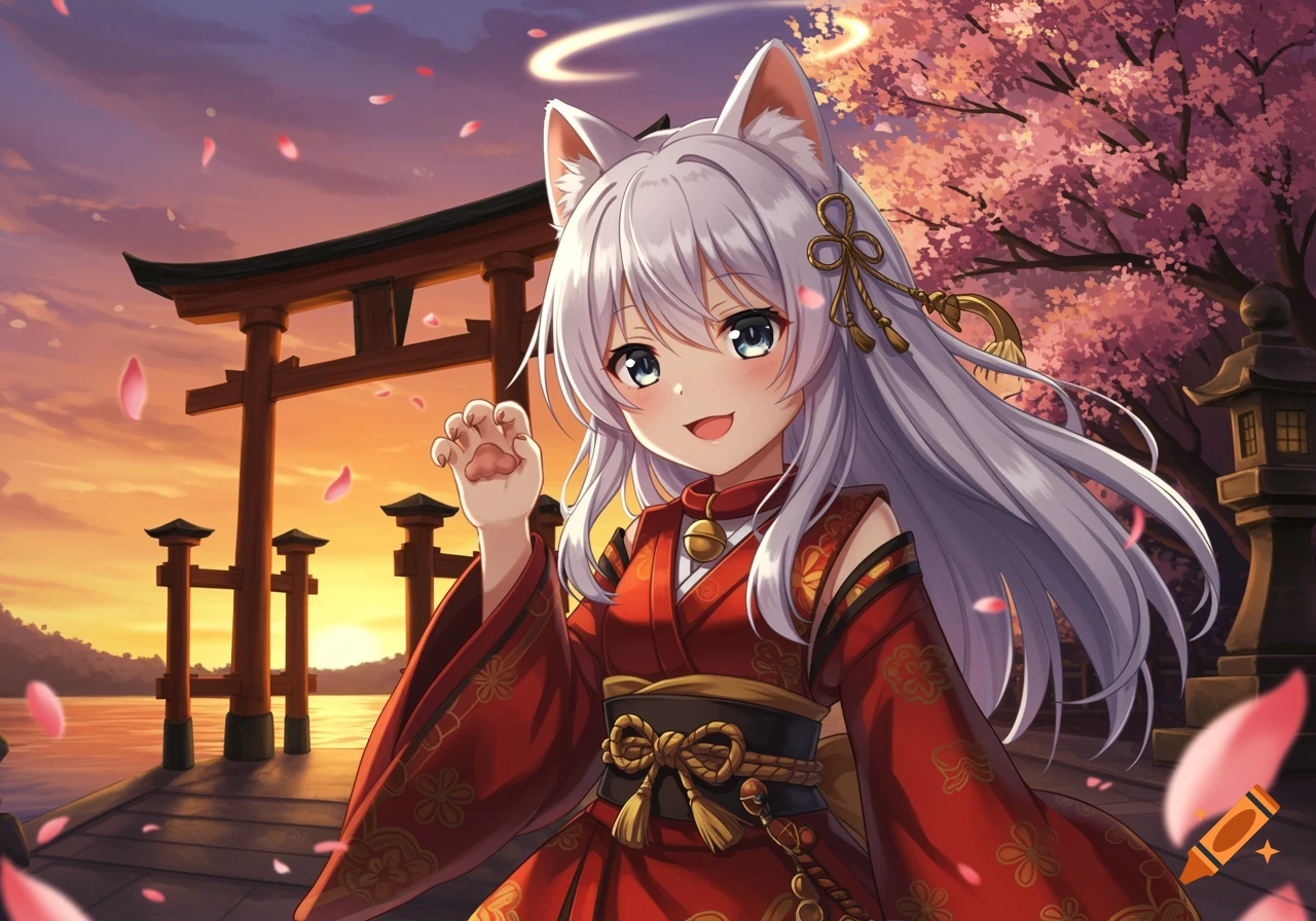 An anime cat girl in a red kimono waves a lucky cat paw at sunset, with a torii gate and cherry blossoms.