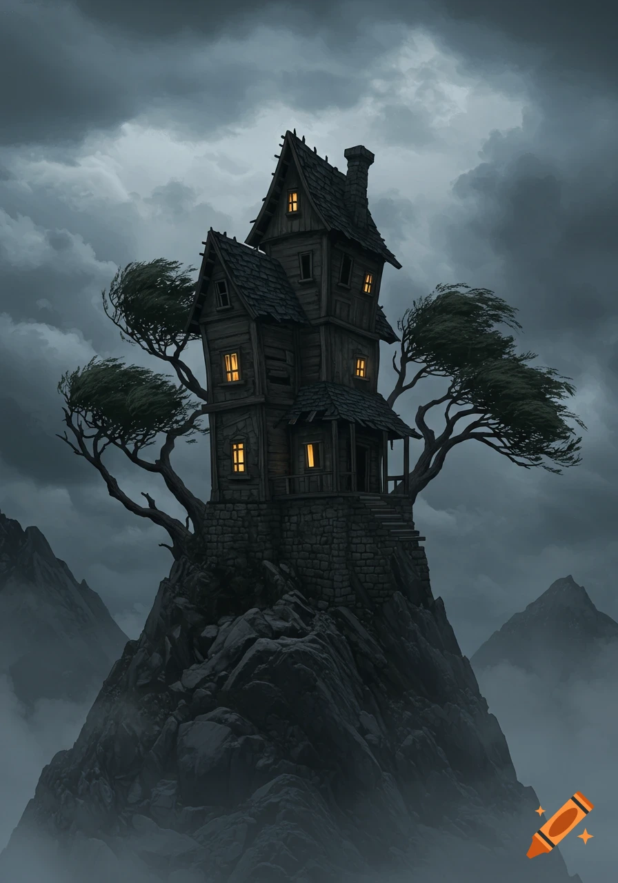 A dark, crooked old house with glowing windows sits atop a rugged, rocky mountain under a stormy, cloudy sky, with windswept trees.