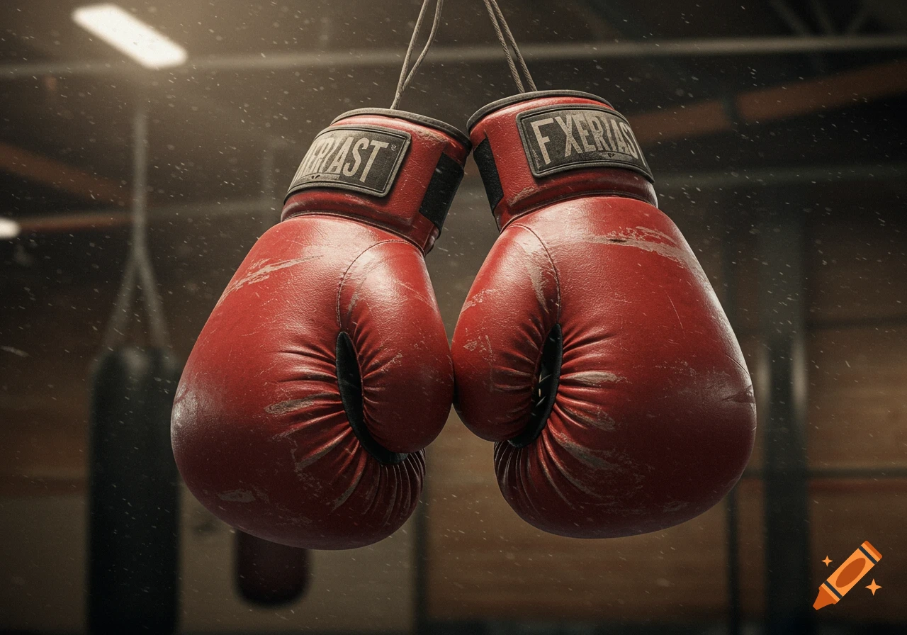 Close-up photorealistic shot of two worn red boxing gloves hanging in a dusty gym with a punching bag in the background.