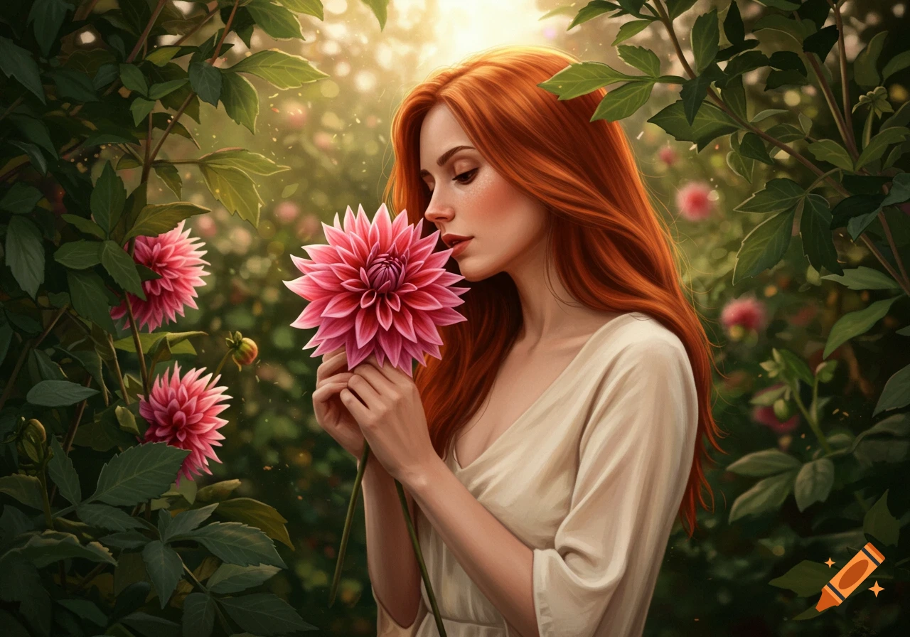 A red-haired woman in a garden gently smells a large pink dahlia, bathed in warm sunlight.