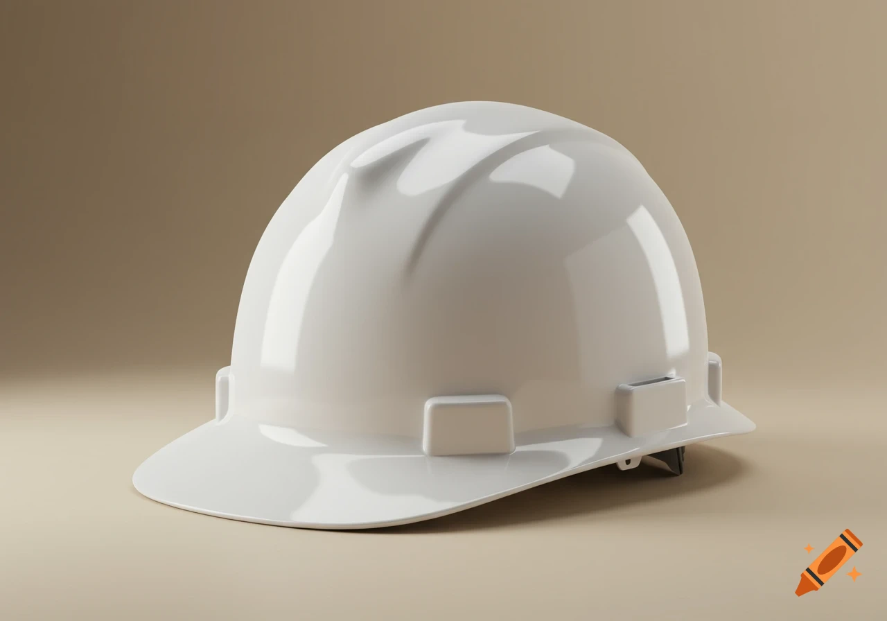 Photorealistic white hard hat on a plain background.