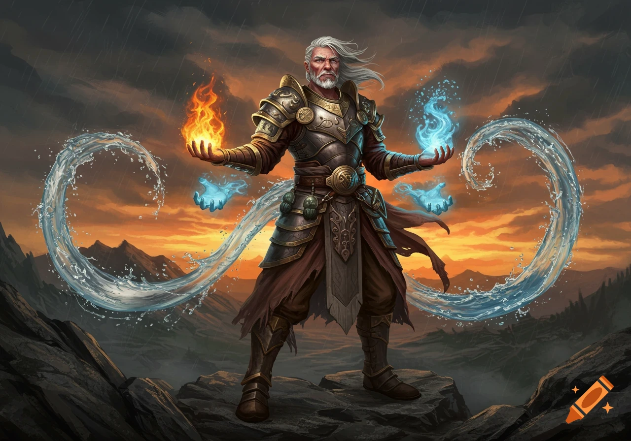 An armored warrior with white hair stands on rocks, conjuring fire and water against a stormy sunset sky.