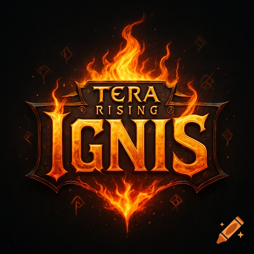 Fiery game logo featuring 'TERA RISING' and 'IGNIS' text with metallic and flame effects against a dark background.