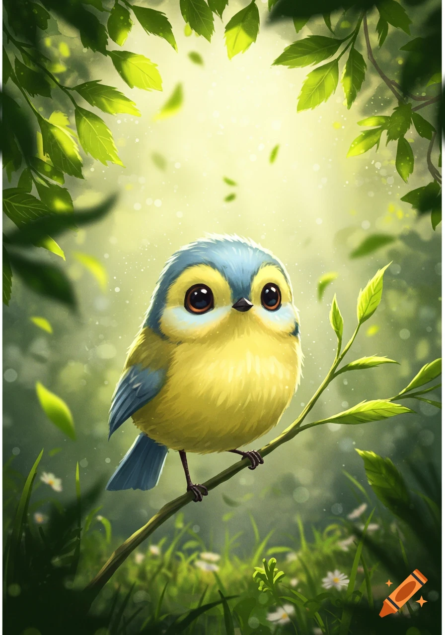 A cute yellow and blue cartoon bird with large eyes perches on a branch in a bright, ethereal green forest.
