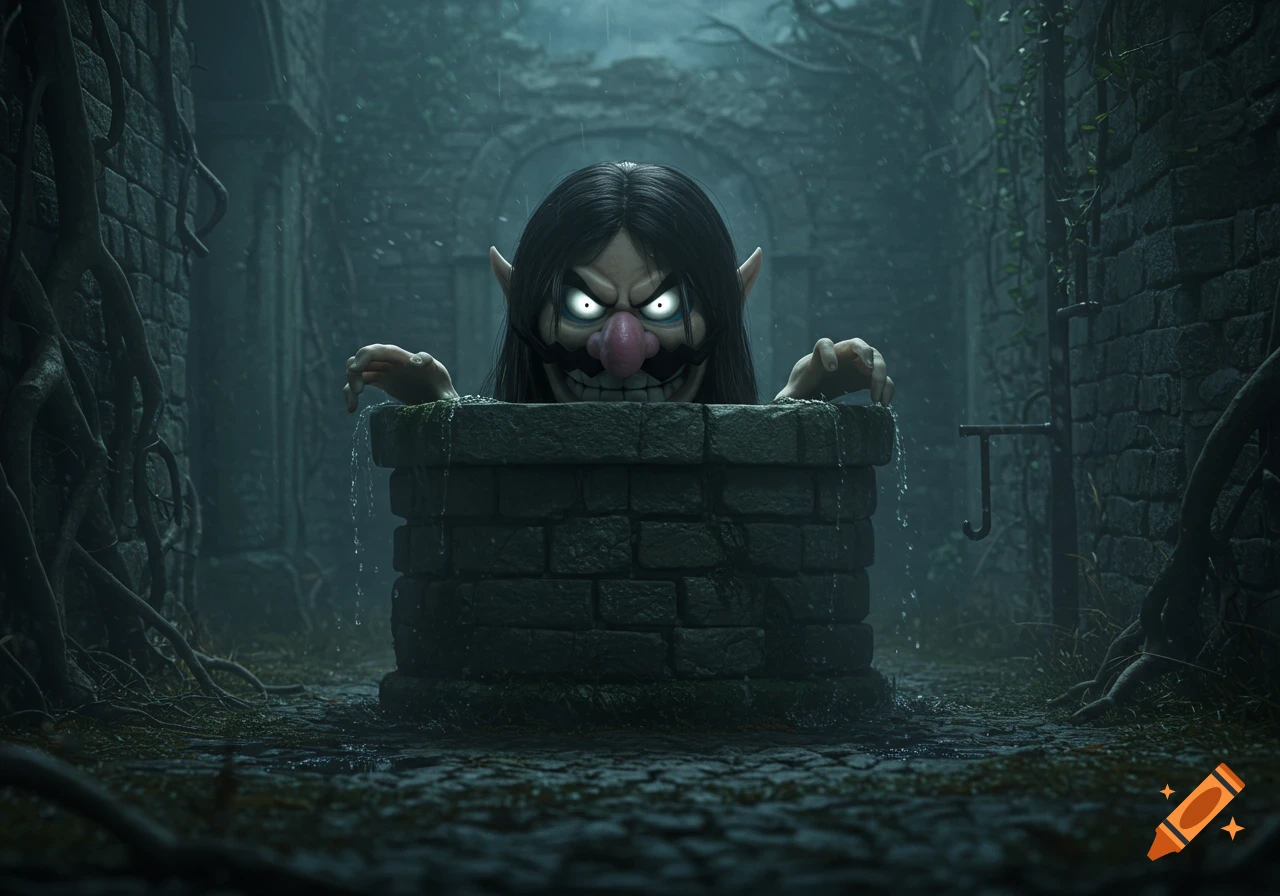 A monstrous, glowing-eyed creature with long black hair, a large pink nose, and a mustache emerges from a dark brick well in a gloomy, rainy ruin.